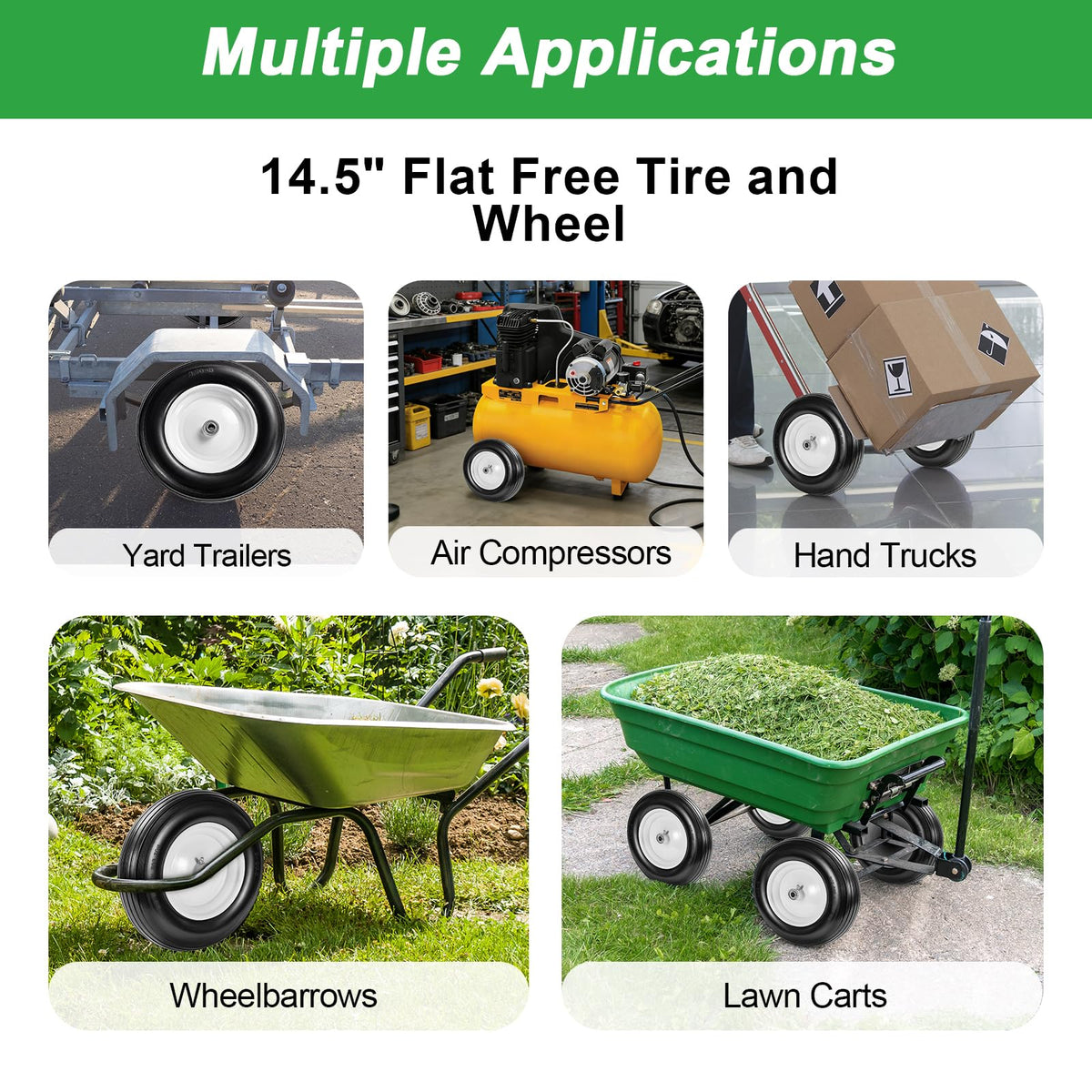 14.5" Flat Free Wheelbarrow Tire with 3/4" & 5/8" Bearing X792