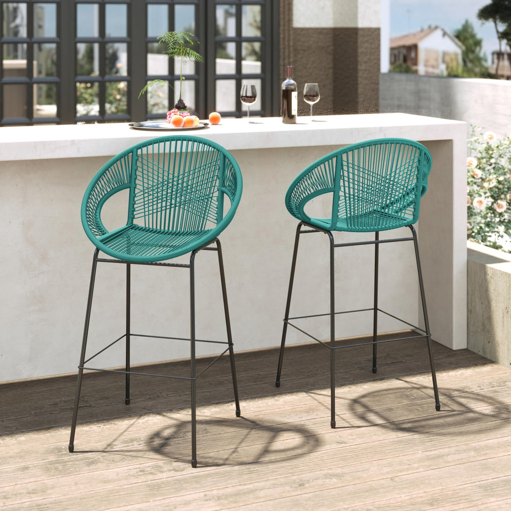 Teal Faux Wicker Outdoor Bar Stool, Set of 2 D79758