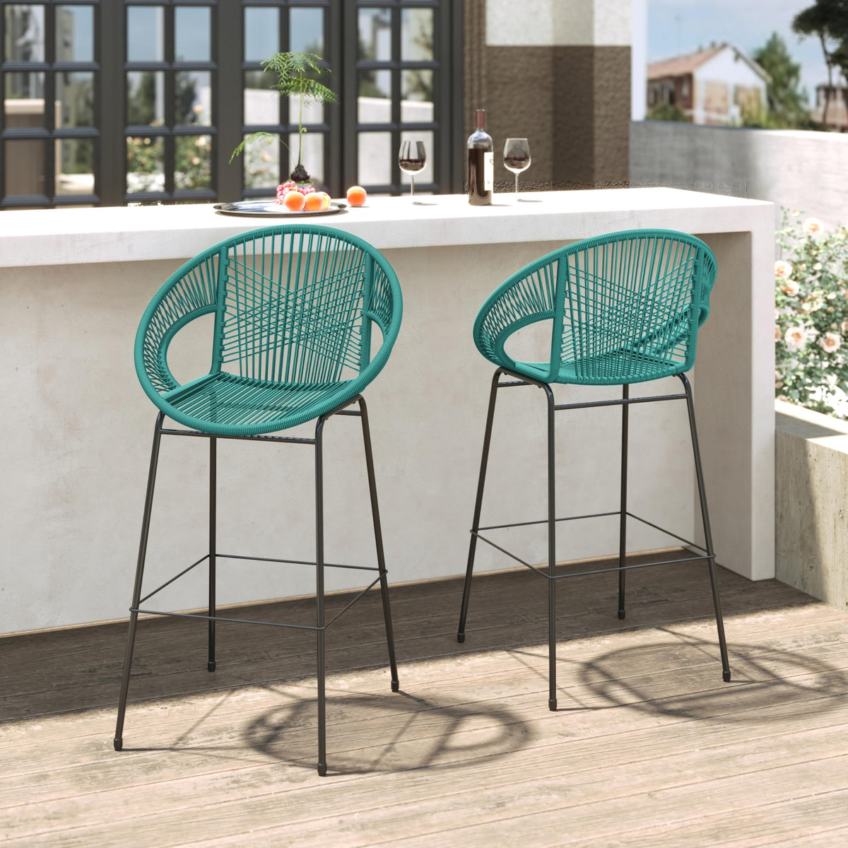 Teal Faux Wicker Outdoor Bar Stool, Set of 2 D79758