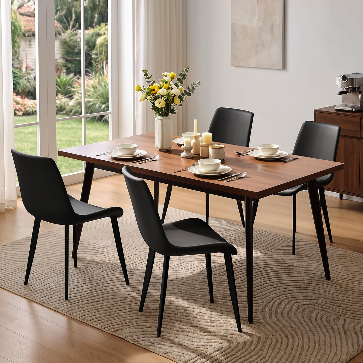 Black Dining Chairs Set of 4 PU Leather Upholstered with Metal Legs E5231
