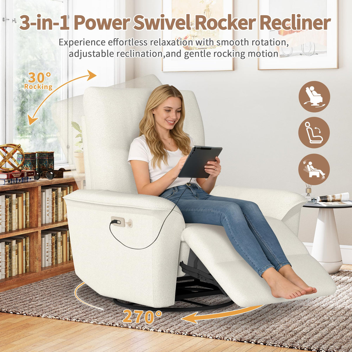 Power Swivel Rocker Recliner Chair with Phone Holder and USB Ports L2103
