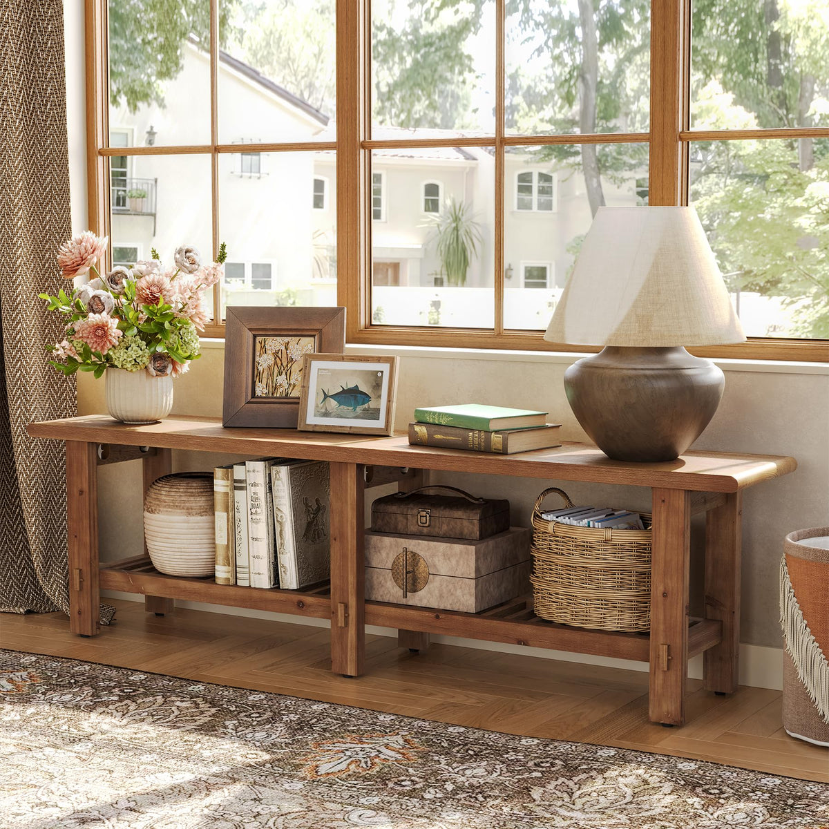 Solid Wood Shoe Bench with Storage Rack P832